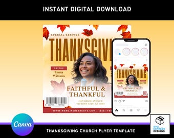 Thanksgiving Church Flyer Template | Canva Editable Special Service Program | Digital Download 1080x1080px