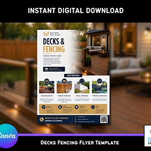 Könnte beinhalten: Eine digitale Flyer-Vorlage für Terrassen- und Zaunbau mit dem Text Decks & Fencing, Built Right. Built to Last. Der Flyer enthält Abschnitte für individuelle Terrassen, Holz-, Vinyl- und Sichtschutzzäune sowie Kontaktdaten und einen QR-Code.
