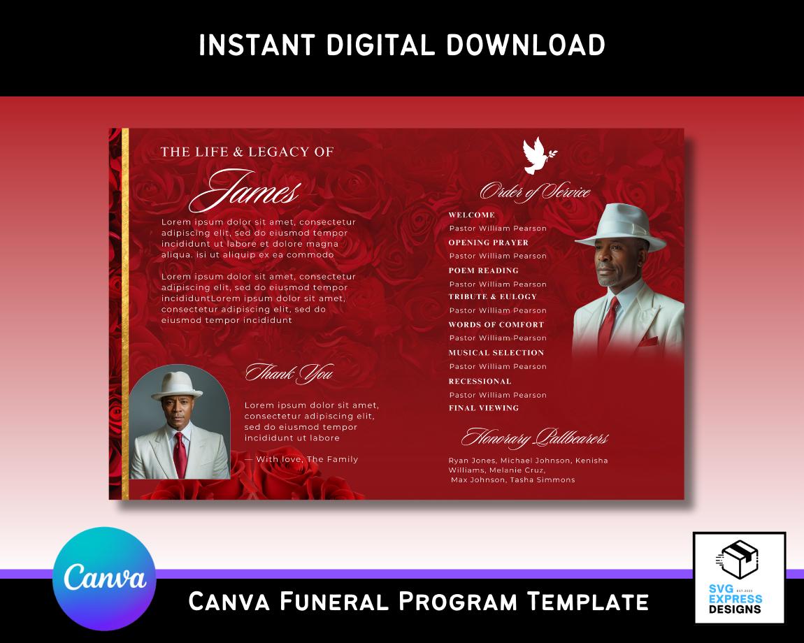 Red Roses Funeral Program Template: Elegant Bi-fold Brochure (canva ...