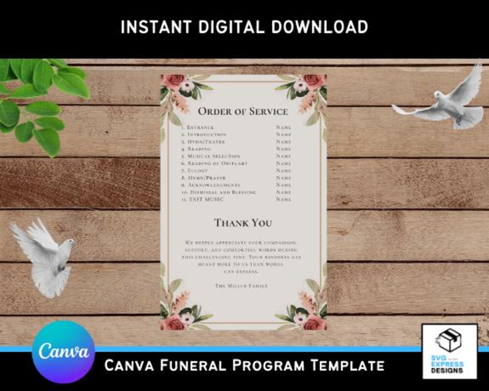 Program Flower Design Canva Funeral Program Template - Classic Tan & Rose Bi-fold Brochure ...