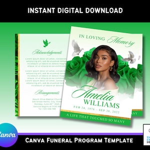 May include: A digital Canva funeral program template with a green and gold design. The program features a photo of Amelia Williams, with the dates Feb 24, 1976 - Sep 28, 2022. The text reads "In Loving Memory" and "A Life That Touched So Many."