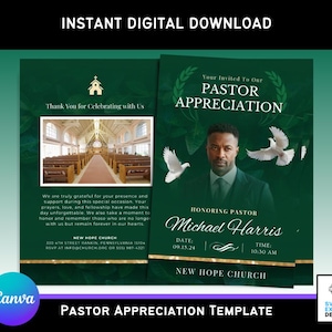 Pastor Appreciation Program Canva Template | Editable Green Forest Church Program | Printable 3-Page Template (8.5 x 11)