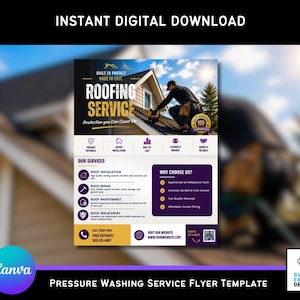 Può includere: Un modello di volantino digitale per un servizio di copertura tetti con una fotografia di una persona che lavora su un tetto. Il testo include "ROOFING SERVICE," "OUR SERVICES," "WHY CHOOSE US," e segnaposti per contatti e sito web.
