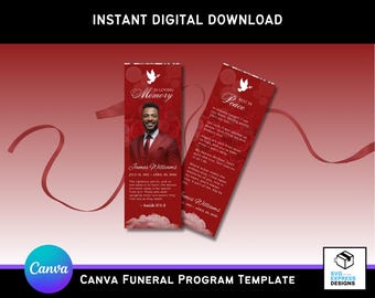 Red Funeral Bookmark Template for Canva – Elegant Memorial Keepsake | Celebration of Life Favor | 2.75" x 8" Printable