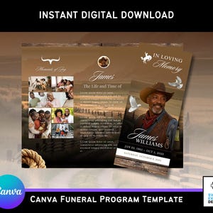 Könnte beinhalten: Eine Canva-Trauerprogrammvorlage mit Western-Thema. Das Design zeigt ein Foto eines Mannes mit Cowboyhut, Tauben und einem Landschaftshintergrund. Der Text enthält "Sofortiger digitaler Download", "In liebevoller Erinnerung" und "James Williams".