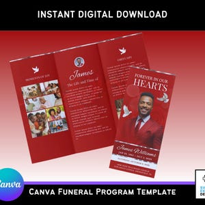 Modèle de programme de funérailles en toile rouge - Élégante brochure à trois volets (11 x 8,5 po.) avec fleur