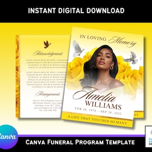 May include: A funeral program template with a yellow and white design. The front features a photo of a woman, yellow roses, and the text "In Loving Memory." The program includes the name Amelia Williams, birth and death dates, and the phrase "A Life That Touched So Many."