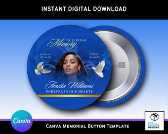 Modèle de bouton commémoratif modifiable en bleu clair et roses dorées : souvenir RIP Canva (conception numérique 3 x 3)