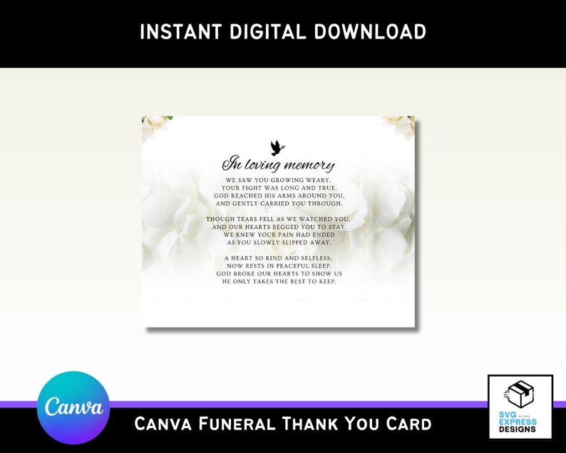 White and Black Roses Funeral Thank You Card Template | Editable Canva ...