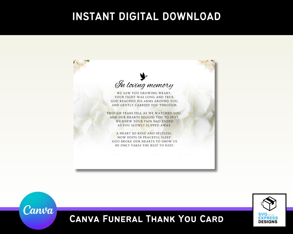 White and Black Roses Funeral Thank You Card Template | Editable Canva ...