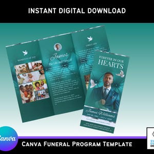 以下が含まれることがあります： 「インスタントデジタルダウンロード」のテキストが入った、ティール色のCanva葬儀プログラムテンプレート。プログラムには写真、「ジェームズ、人生と時」と「永遠に私たちの心に」のテキストが掲載されています。テンプレートには、CanvaとSVG Express Designsのロゴが含まれています。