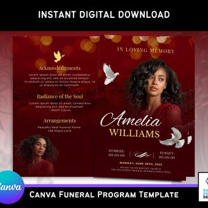 May include: A red Canva funeral program template with the text "Instant Digital Download" at the top. The program features a photo of a woman, doves, and the name "Amelia Williams". Includes text for acknowledgements, arrangements, and the date.