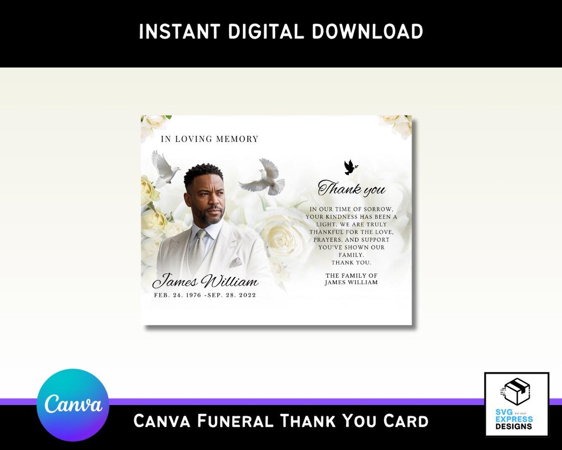 White and Black Roses Funeral Thank You Card Template | Editable Canva ...