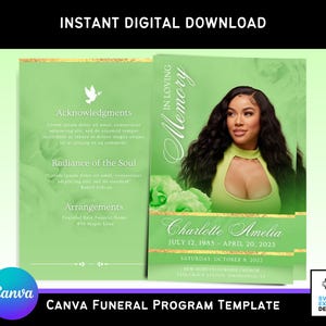 May include: Green and gold funeral program template with a photo of a woman. The template includes the text "In Loving Memory", "Charlotte Amelia", "July 12, 1985 - April 20, 2023", "Saturday, October 8, 2022", "New Hope Fellowship Church", "2400 Grace Street, Springfield, TN".
