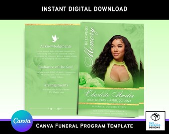 Lime Green Canva Funeral Program Template  – Elegant Bi-Fold Brochure (11x8.5 in) with Gold Bar