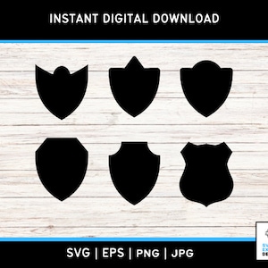 May include: Set of six black shield shapes in different styles. The shields are on a white wood background.  SVG, EPS, PNG, JPG.