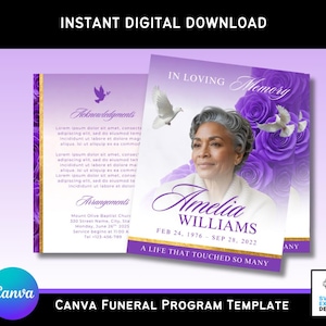以下が含まれることがあります： 紫と金のデザインのデジタルダウンロード葬儀プログラムテンプレート。プログラムには、アメリア・ウィリアムズの写真、日付、テキスト「A Life That Touched So Many」が掲載されています。「Instant Digital Download」と「Canva Funeral Program Template」のテキストが含まれています。