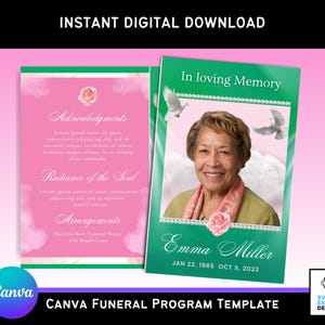 Modèle de programme d'enterrement rose et vert avec perles blanches classiques | Modèle modifiable Canvas | 11 x 8,5 po. | Brochure pliée en deux