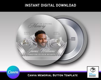 Editable Silver Gray Metallic Memorial Button Template | Canva RIP Keepsake | 3x3 Digital Funeral Button Design