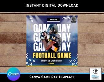 以下が含まれることがあります： フットボールの試合日の告知のための青と黄色のCanvaテンプレート。テンプレートには、アクション中のフットボール選手、テキスト「Game Day」、試合の日時が記載されています。また、「UNLV vs Utah State」というテキストも含まれています。