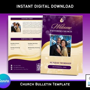Könnte beinhalten: Digitaler Kirchenbulletin-Vorlage mit lila und goldenem Design. Das Bulletin enthält den Text "Welcome Faithrise Church" und "Sunday Worship October 6, 2025". Enthält ein Foto eines Paares und Gottesdienstzeiten.
