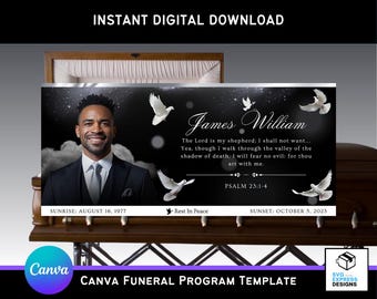 Black and Silver Funeral Casket Panel Canva Template | 31x14 in Editable Memorial Insert | Celebration of Life Design