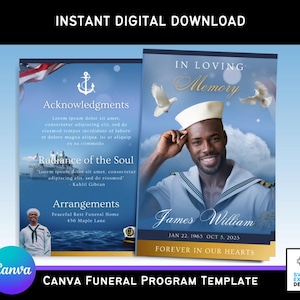 Modelo de programa funerário Canva da Marinha para despedida de marinheiros – Brochura elegante com dobra dupla (11 x 8,5 pol.) com pomba branca