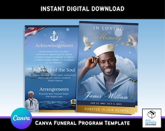 Sjabloon Sailor's Farewell Funeral Program: marineblauw, dubbelgevouwen (canva, 11 x 8,5 inch) (digitale download)
