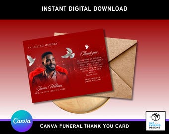 Red Floral Funeral Thank You Card Template: Editable Canva Memorial (5.5x4.25) (Digital Download)