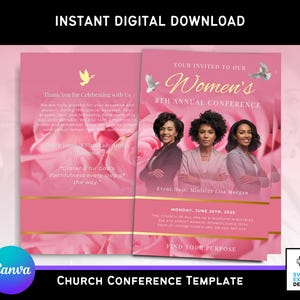 May include: A pink church conference template with the text "Instant Digital Download". The design includes images of women, doves, and roses. The text reads "Women's 8th Annual Conference".