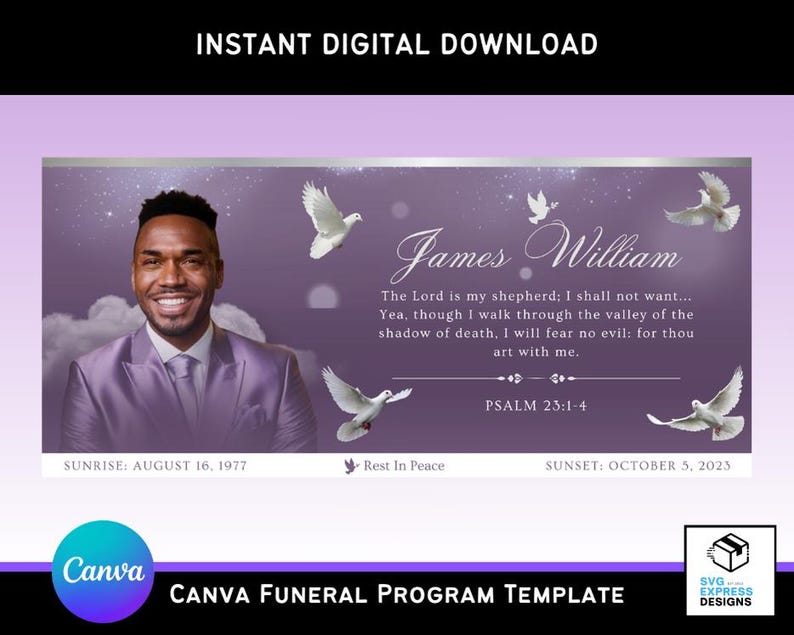 Purple and Silver Funeral Casket Panel Canva Template | 31x14 in