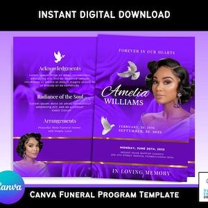 May include: Purple and white Canva funeral program template with a photo of a woman. The text reads "Forever in our hearts", "Amelia Williams", "February 24, 1976 - September 28, 2022", "Monday, June 26th, 2023", "Mount Olive Baptist Church", "330 4th Street Rankin, Pennsylvania 15104", "In Loving Memory", and "Canva Funeral Program Template".