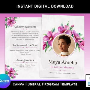 May include: A digital funeral program template with a watercolor floral design. The program features a photo of Maya Amelia, text, and the dates January 22, 1965 - October 5, 2023. The template includes text that reads "In Loving Memory."