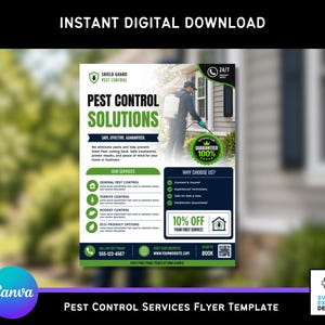 May include: A digital flyer template for pest control services featuring the text Shield Guard Pest Control, Pest Control Solutions, and a graphic of a technician spraying a house. The layout includes sections for services, benefits, and contact info.