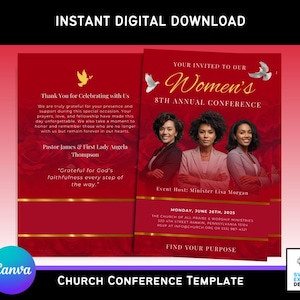 Sjabloon Canva-conferentieprogramma voor vrouwenkerk | Bewerkbare brochure rode religieuze evenementen | 11 x 8,5 dubbelgevouwen | Ontwerp met 4 pagina's