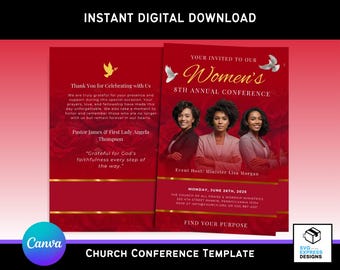Women&#39;s Church Conference Program Template: Red Religious Event Brochure (Canva, 11x8.5 Bi-Fold Digital Download)