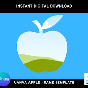 Puede incluir: Un gráfico de manzana verde con un cielo azul y hierba verde en su interior. El texto "Canva Apple Frame Template" está debajo de la manzana.