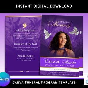 May include: Purple and gold funeral programme template featuring a photograph of a woman and doves. The text reads "In Loving Memory" and includes the name "Charlotte Amelia" with dates of birth and death. The programme also includes the date and location of the funeral service.