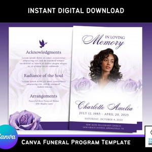 Peut inclure: Un modèle de programme funéraire Canva avec un design violet et blanc. Le modèle comprend le texte "In Loving Memory" et le nom "Charlotte Amelia" avec des dates. Le texte "Instant Digital Download" est en haut.