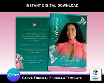 Sjabloon ivoorgroen en roze canvas begrafenisprogramma – elegante tweevoudige brochure (11 x 8,5 inch) met groene roos
