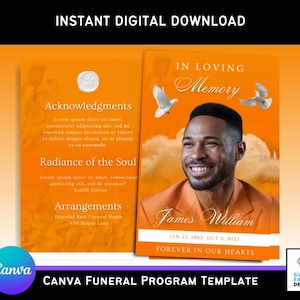 Puede incluir: Plantilla de programa de funeral naranja y blanco con una foto de un hombre sonriendo. El texto dice "En memoria cariñosa", "James William", "Jan 22, 1965 Oct 5, 2025", y "Para siempre en nuestros corazones".