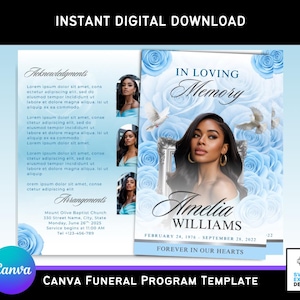 Op de afbeelding: Een Canva-begrafenisprogrammasjabloon met een lichtblauw bloemendesign. Het programma bevat de tekst "In Loving Memory" en de naam "Amelia Williams". De sjabloon bevat de data 24 februari 1976 - 28 september 2022.