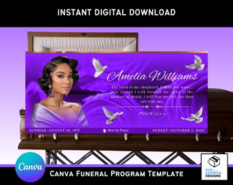 Violet Roses Funeral Casket Panel Template: Editable Memorial Design (31x14 in) (Canva)