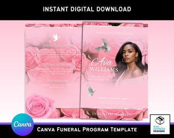 Modèle de programme de funérailles de roses roses et blanches : élégante brochure commémorative (toile, 11 x 8,5, téléchargement numérique)