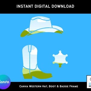 May include: A digital download of a western hat, boot, and badge frame. The hat, boot, and badge are all outlined in black and filled with a blue sky and green grass pattern.