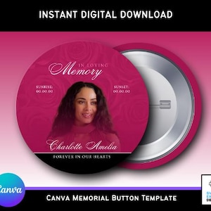 Modèle modifiable de bouton commémoratif framboise | Souvenir RIP Canva | Bouton funéraire numérique 3 x 3