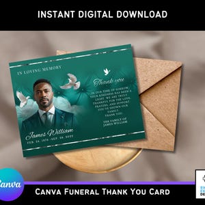 Deep Teal Green Funeral Thank You Card Template | Editable Canva Memorial Card | Printable Thank You Photo Card