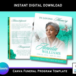 May include: A Canva funeral program template with a teal and gold design. The program features the text "In Loving Memory" and the name "Amelia Williams." The template includes space for acknowledgments and arrangements.