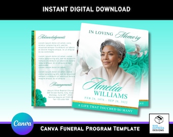 Elegant Turquoise & White Floral Funeral Program Template: Bi-Fold Memorial (Canva Editable) (Digital Download)