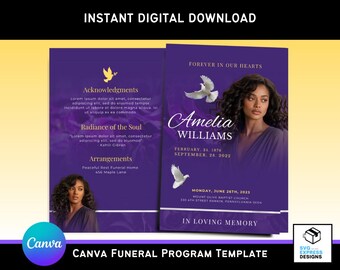 Purple & Yellow Roses Funeral Program Template: Elegant Bi-Fold (Canva, 11x8.5 in) (Digital Download